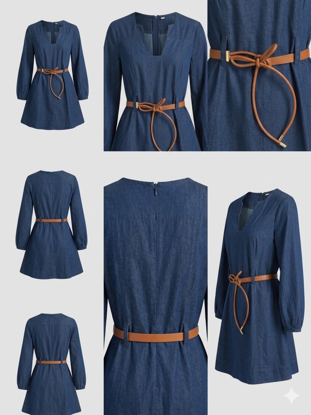 Free People Blue Long-Sleeve Mini Dress with Brown Waist Tie - Picture 5 of 14